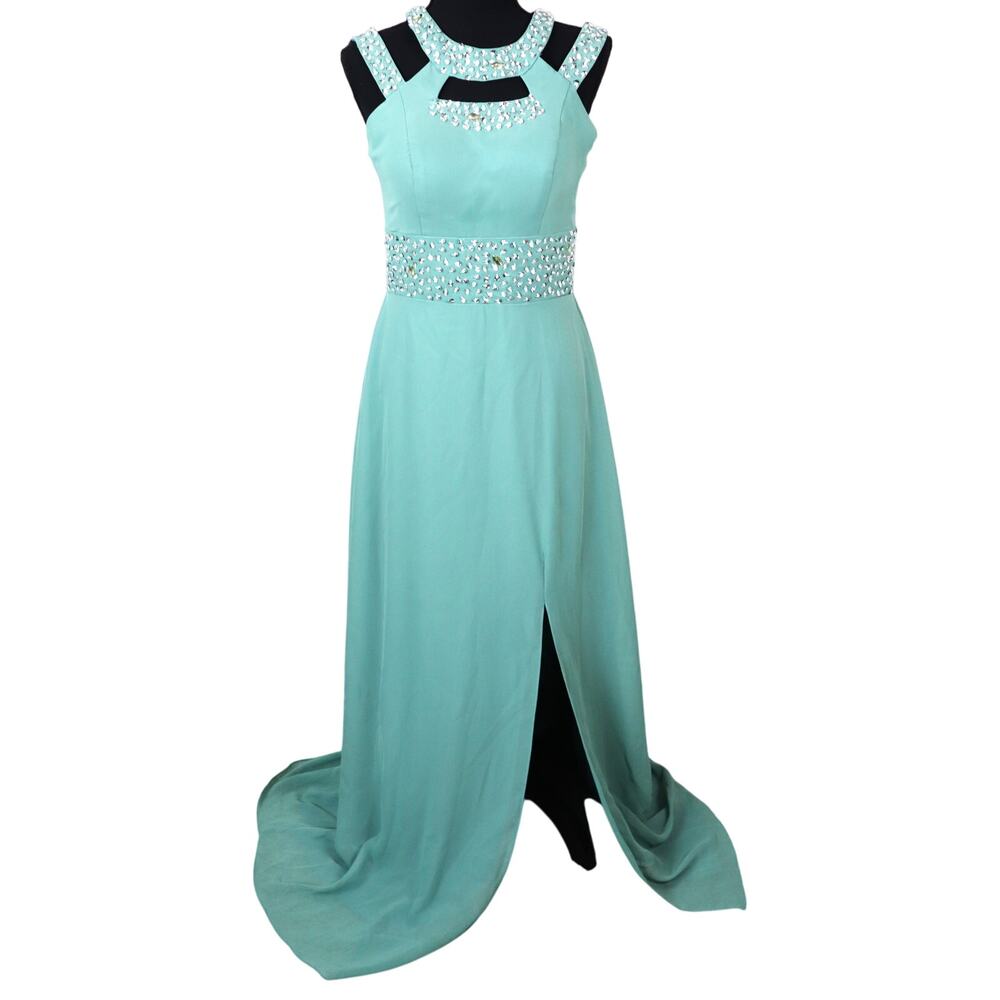 Vintage Y2K Mint Green Halter Dress Gown Rhinestones Sequin Chiffon Womens 8